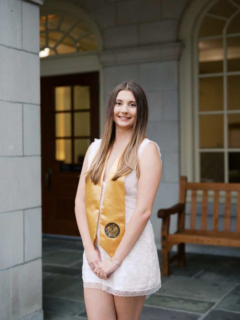 Senior portraits at Wake Forest with iconic campus buildings