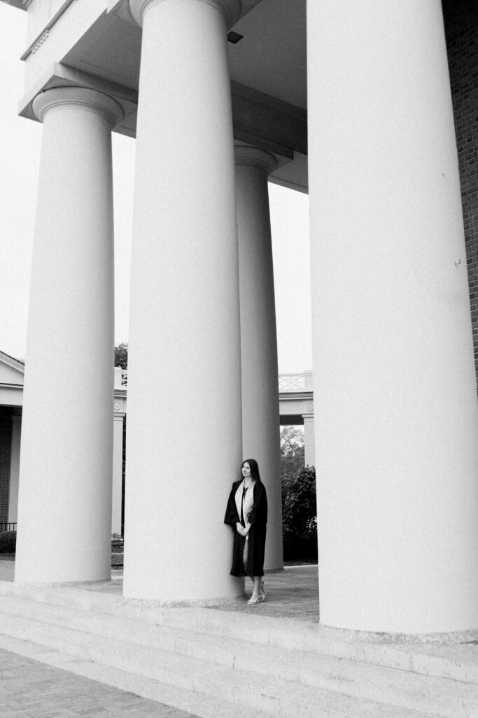 Senior portraits at Wake Forest with iconic campus buildings